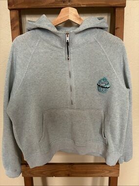 Light Gray Half-Zip Hoodie Sweater with Cupcake Embroidery